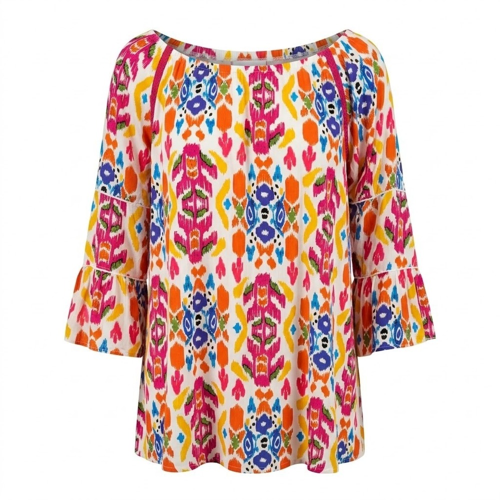 NEW Calessa Womens 3X Ikat Print 3/4‎ Bell Sleeve Boho Peasant Top Shirt - IW